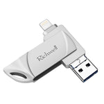 Richwell DXZ128 Pen Drive USB 128G 3 em 1 Micro USB + 8 Pinos + USB 3.0 Compatível com iPhone e iOS, Preto, Prateado, Ouro Rosa