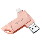 Richwell DXZ128 Pen Drive USB 128G 3 em 1 Micro USB + 8 Pinos + USB 3.0 Compatível com iPhone e iOS, Preto, Prateado, Ouro Rosa