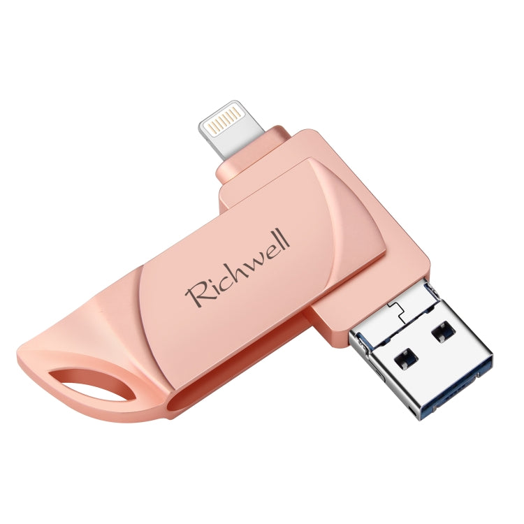 Richwell DXZ128 Pen Drive USB 128G 3 em 1 Micro USB + 8 Pinos + USB 3.0 Compatível com iPhone e iOS, Preto, Prateado, Ouro Rosa
