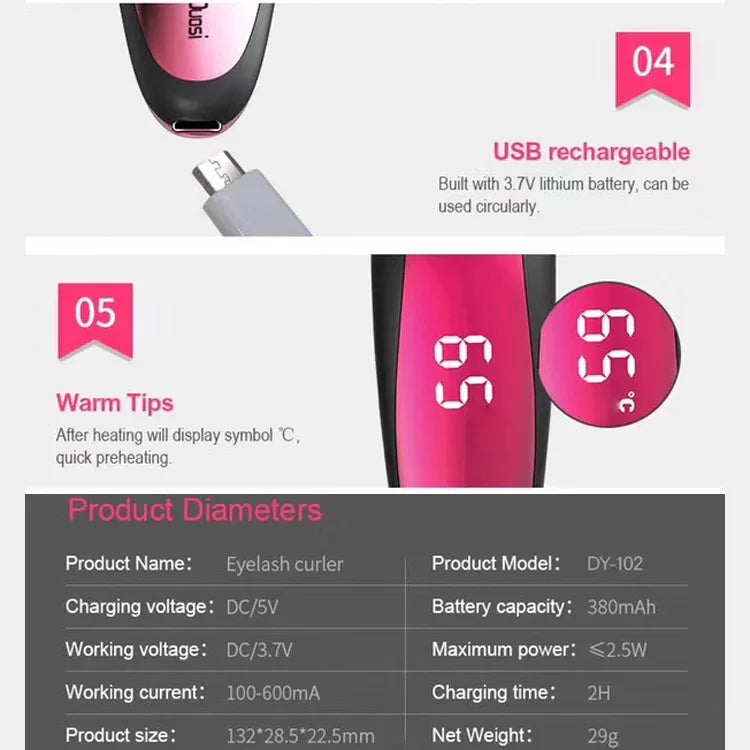 Modelador de Pestanas Elétrico Portátil Estilo Caneta Duosi DY-102, Ferro Elétrico para Maquilhagem Recarregável USB, Clip para Caracóis de Pestanas de Longa Duração