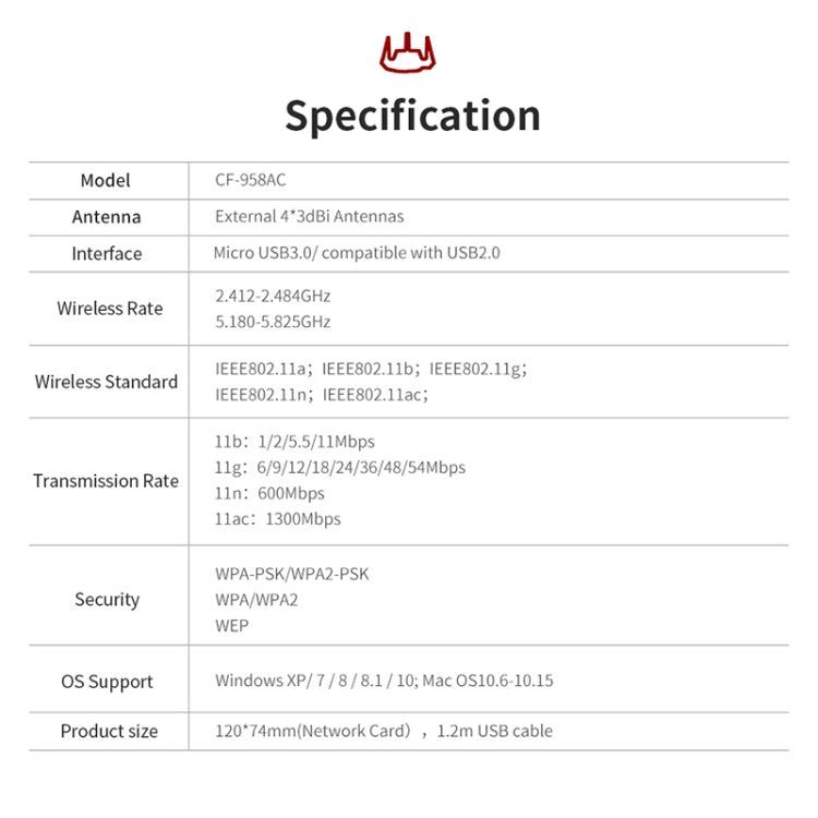 Adaptador Wifi Comfast CF-958AC de Alta Potência PA 1900Mbps Gigabit Cartão de Rede E-Sports 2.4Ghz+5.8Ghz USB 3.0 PC Lan Dongle Receptor