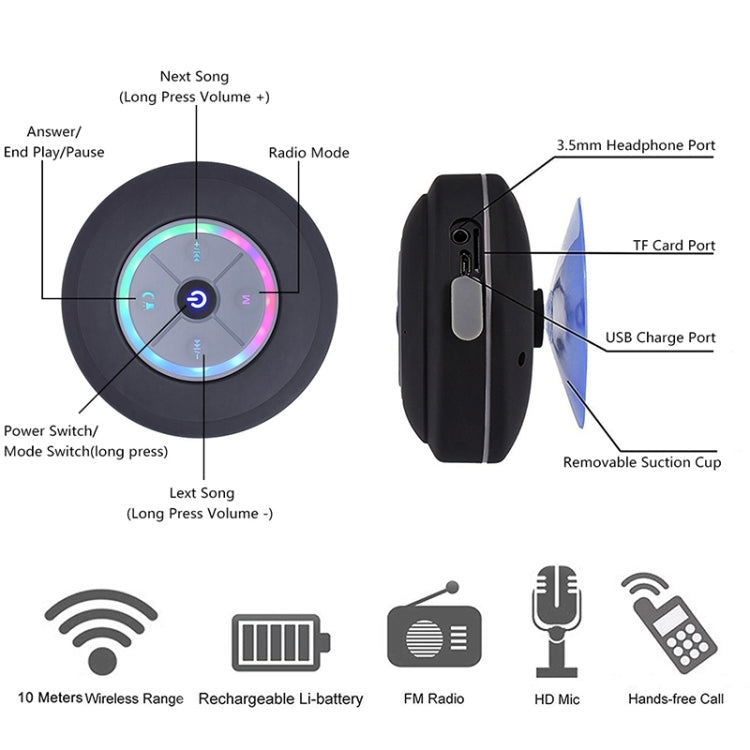 Coluna Bluetooth sem fios BTS-08 impermeável com LED, rádio FM, subwoofer, coluna Bluetooth, cartão TF, ventosa, mini coluna para duche