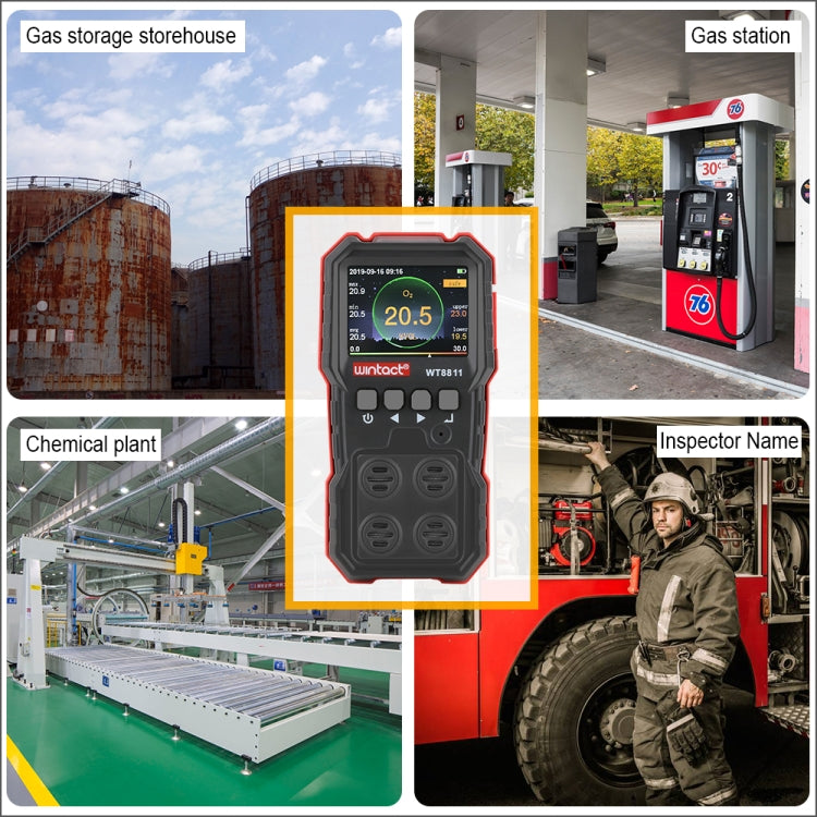 Monitor de gases composto WINTACT WT8811 Ecrã LCD Recarregável Multifuncional 4 em 1 Sensor de gás combustível O2 H2S CO Alarme sonoro-luminoso e vibratório