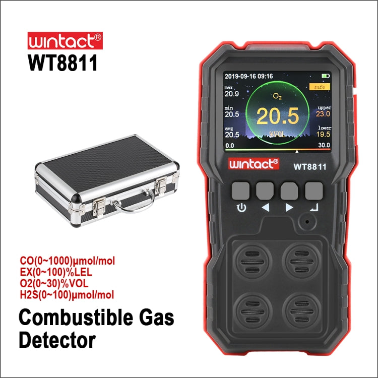 Monitor de gases composto WINTACT WT8811 Ecrã LCD Recarregável Multifuncional 4 em 1 Sensor de gás combustível O2 H2S CO Alarme sonoro-luminoso e vibratório