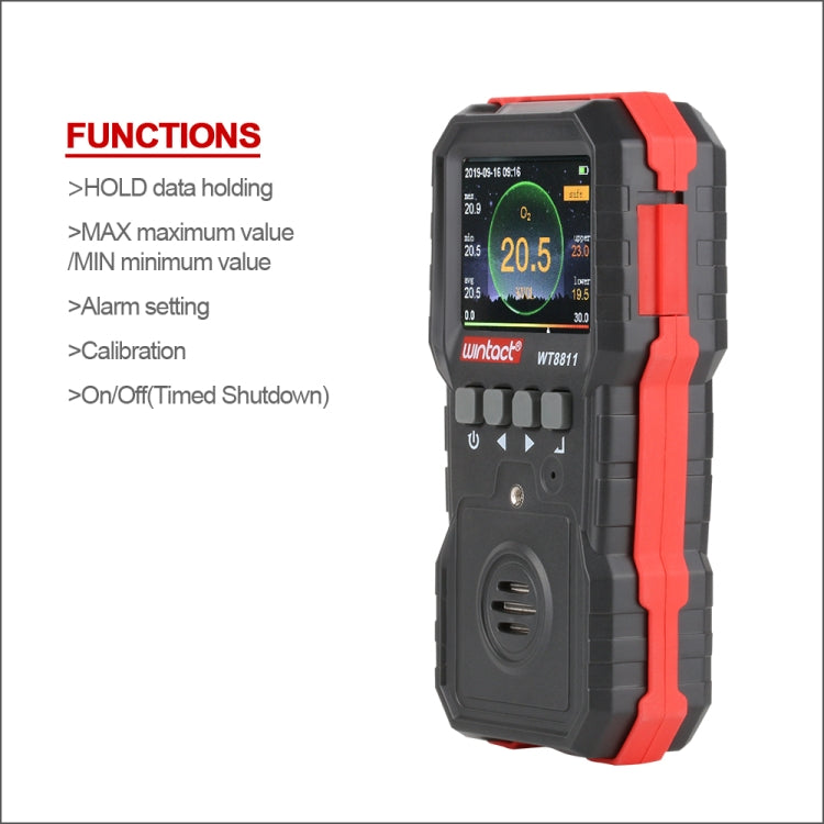 Monitor de gases composto WINTACT WT8811 Ecrã LCD Recarregável Multifuncional 4 em 1 Sensor de gás combustível O2 H2S CO Alarme sonoro-luminoso e vibratório