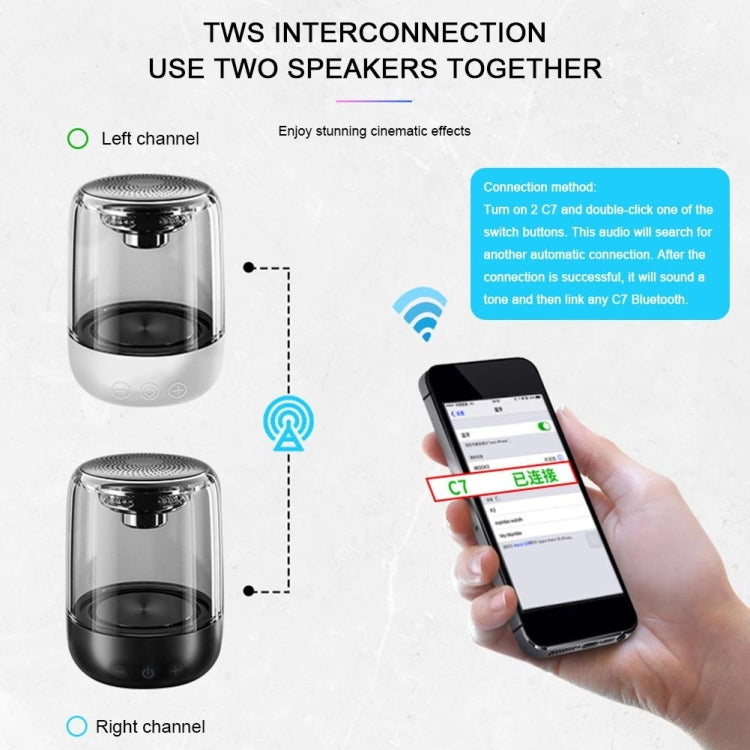 Coluna Bluetooth 5.0 C7 transparente com LED luminosa, subwoofer, TWS, som envolvente 6D, estéreo HIFI, áudio cool, C7
