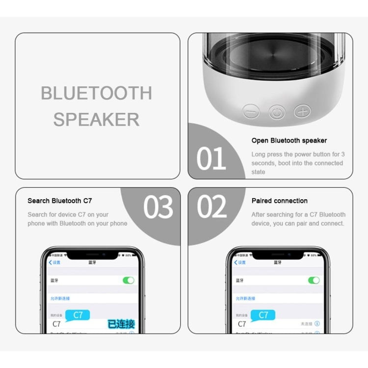 Coluna Bluetooth 5.0 C7 transparente com LED luminosa, subwoofer, TWS, som envolvente 6D, estéreo HIFI, áudio cool, C7