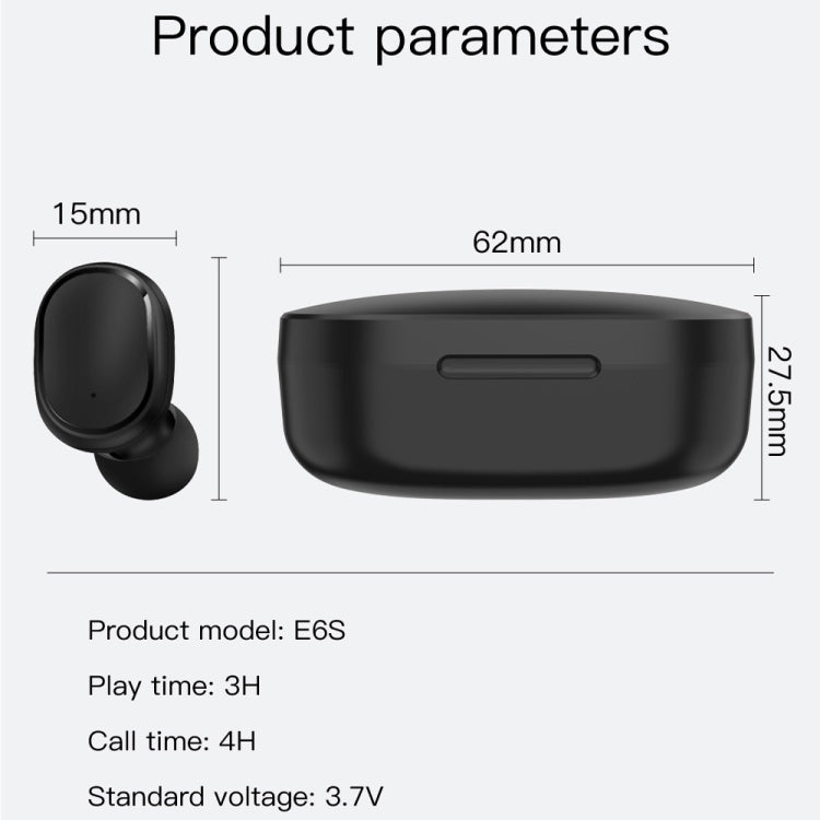 Auricular Sem Fios TWS E6S com Ecrã LED Bluetooth V5.3, Auscultadores Estéreo à Prova de Água, E6S (Preto)