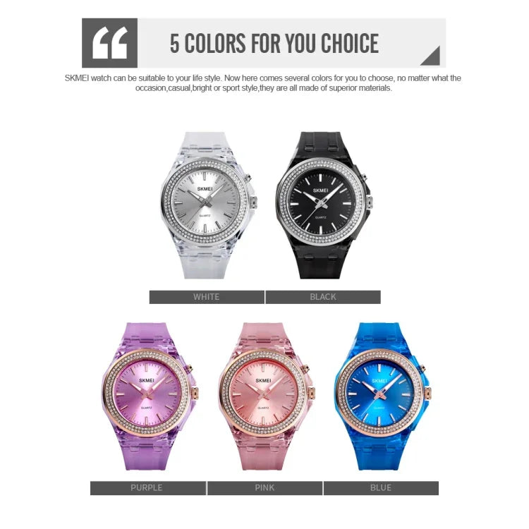 Relógio Feminino Transparente Resistente à Água SkMEI 1553 com Luz LED Colorida e Incrustado com Cristais de Água