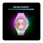 Relógio Feminino Transparente Resistente à Água SkMEI 1553 com Luz LED Colorida e Incrustado com Cristais de Água