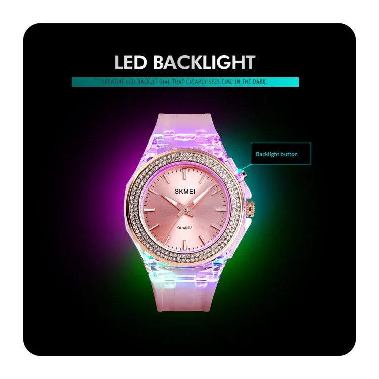 Relógio Feminino Transparente Resistente à Água SkMEI 1553 com Luz LED Colorida e Incrustado com Cristais de Água