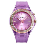 Relógio Feminino Transparente Resistente à Água SkMEI 1553 com Luz LED Colorida e Incrustado com Cristais de Água