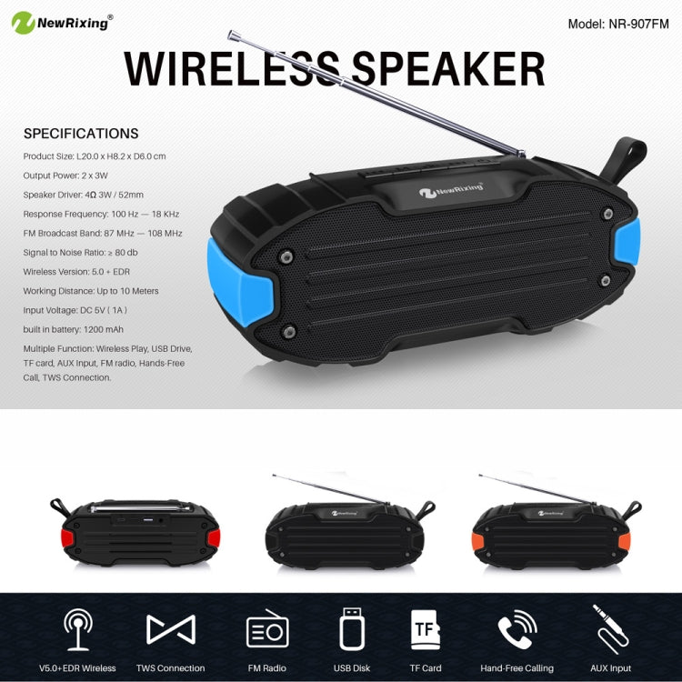 Nova coluna Bluetooth Rixing NR907 portátil com som estéreo envolvente, microfone, suporta cartão TF e rádio FM