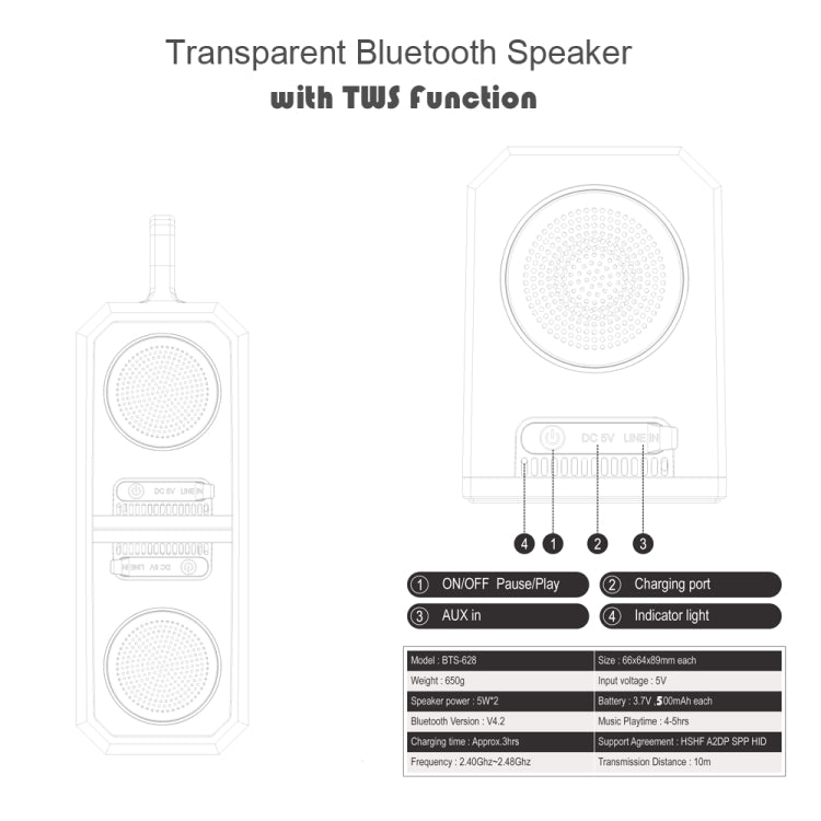 Colunas Bluetooth Transparentes Portáteis TWS BT628 10W com Base Magnética Ligável Subwoofer Estéreo para Exterior