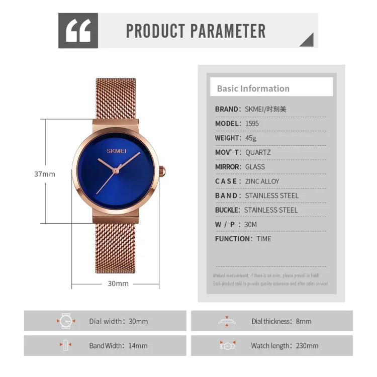 Relógio Feminino Skmei 1595 Elegante de Moda com Mostrador Sem Escala e Correia de Malha de Aço Resistente à Água Relógio de Quartzo para Estudantes e Negócios