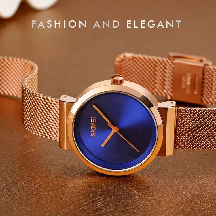 Relógio Feminino Skmei 1595 Elegante de Moda com Mostrador Sem Escala e Correia de Malha de Aço Resistente à Água Relógio de Quartzo para Estudantes e Negócios