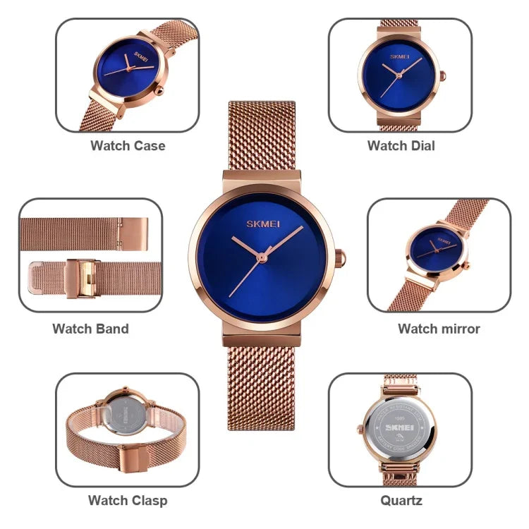Relógio Feminino Skmei 1595 Elegante de Moda com Mostrador Sem Escala e Correia de Malha de Aço Resistente à Água Relógio de Quartzo para Estudantes e Negócios