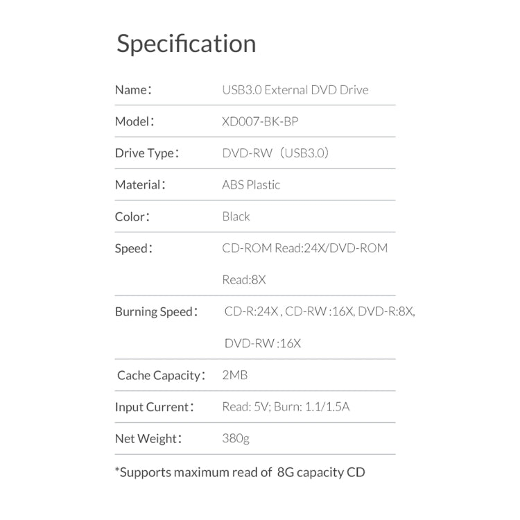 Leitor externo de CD USB3.0 ORICO XD007