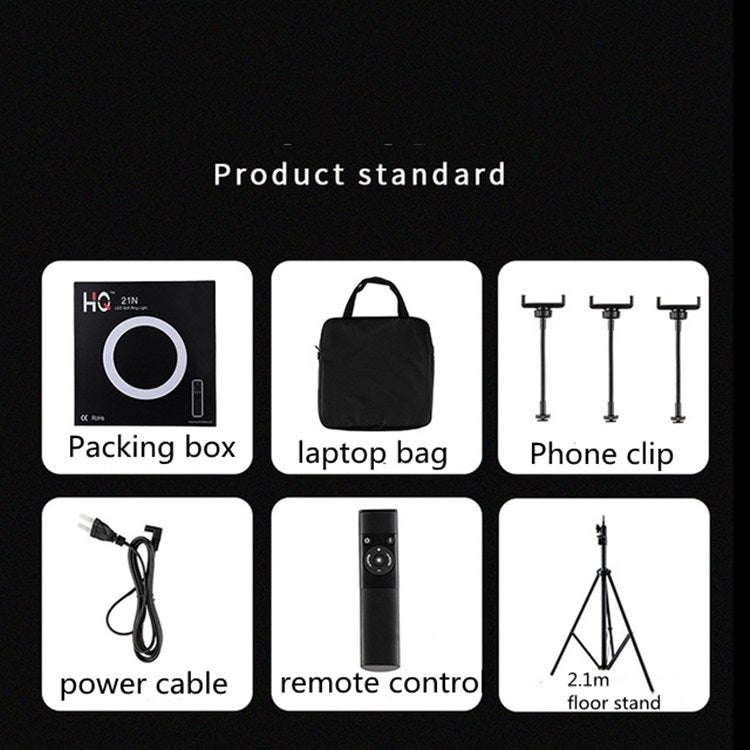 Kit de luzes LED anel HQ-18N 18 polegadas 45cm para vlogging, fotografia e vídeo com controlo remoto, suporte para telemóvel e tripé de 2,1m, ficha EU, 18 polegadas