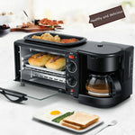 Máquina Elétrica de Pequeno-almoço 3 em 1 Multifuncional Cafeteira + Frigideira + Mini Forno Forno Doméstico para Pão e Pizza, Cafeteira Multifuncional 3 em 1