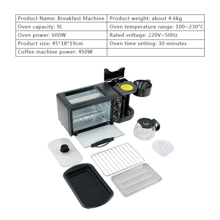Máquina Elétrica de Pequeno-almoço 3 em 1 Multifuncional Cafeteira + Frigideira + Mini Forno Forno Doméstico para Pão e Pizza, Cafeteira Multifuncional 3 em 1
