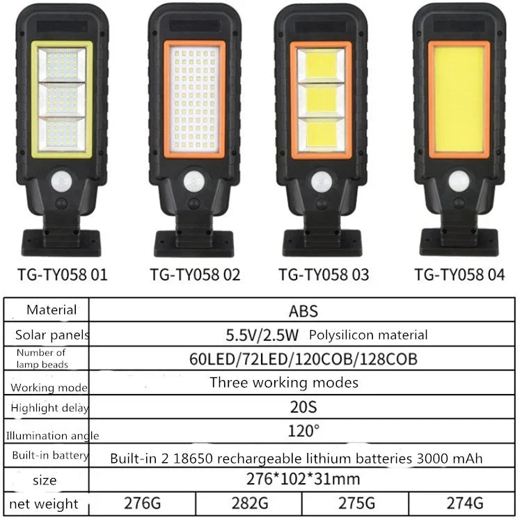 Lâmpada de parede com indução solar, corpo de lâmpada LED impermeável para exterior, iluminação de rua, 128 COB