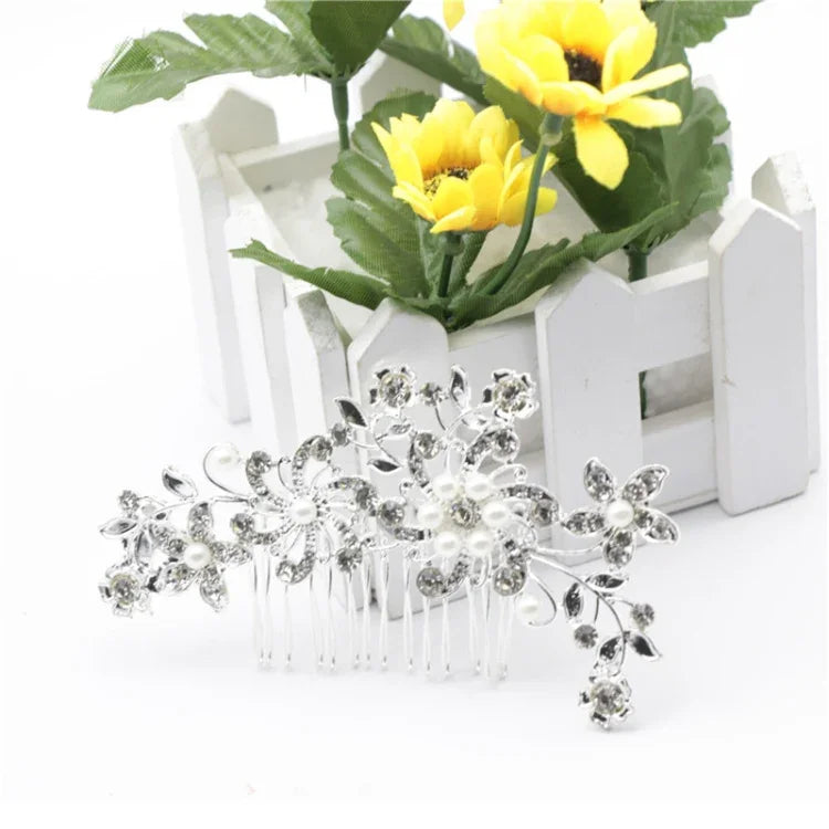 Presilhas de Cabelo de Casamento Flor Romântica de Cristal Pérola Pregadeira de Cabelo Coroa Nupcial de Strass Pente de Cabelo para Noiva