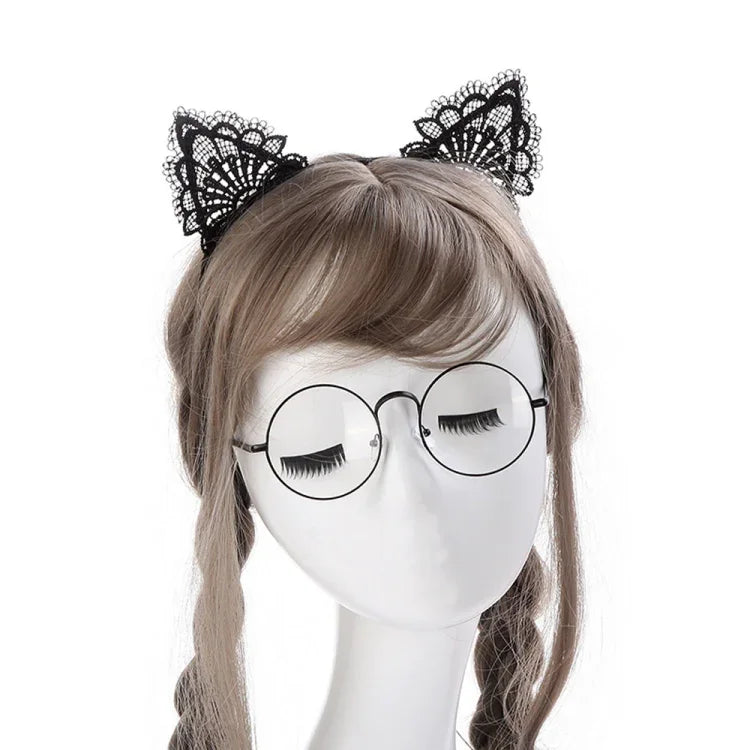 Faixa de Cabelo Feminina com Renda e Orelhas de Gato Adoráveis Corrente para a Cabeça