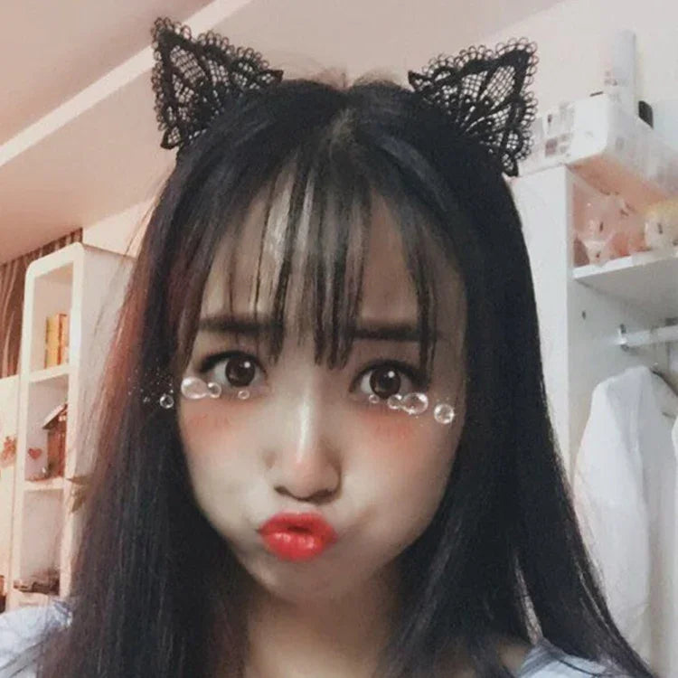 Faixa de Cabelo Feminina com Renda e Orelhas de Gato Adoráveis Corrente para a Cabeça