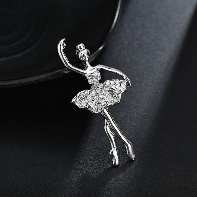Broche de Bailarina com Saia de Flores de Cristal, Dourado, Prateado