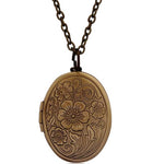 Colar Vintage Antigo de Bronze com Padrões Florais Gravados Medalhão Oval Caixa de Fotos de Recordação
