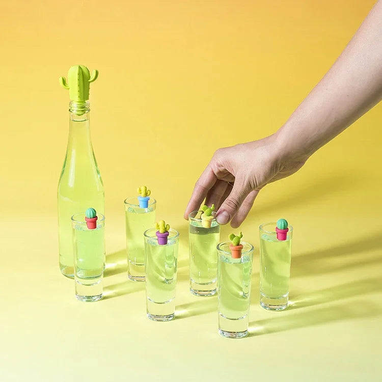 Conjunto Criativo de 7 Peças de Rolhas de Garrafa de Vinho em Silicone Cacto + Marcador para Copo de Vinho, Rolha de Garrafa de Vinho 7 em 1