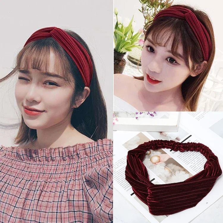 2 PCS Faixas de Cabelo de Veludo Largas com Nó Cruzado Elásticas para Mulheres