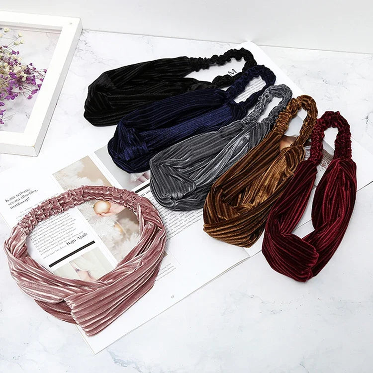 2 PCS Faixas de Cabelo de Veludo Largas com Nó Cruzado Elásticas para Mulheres