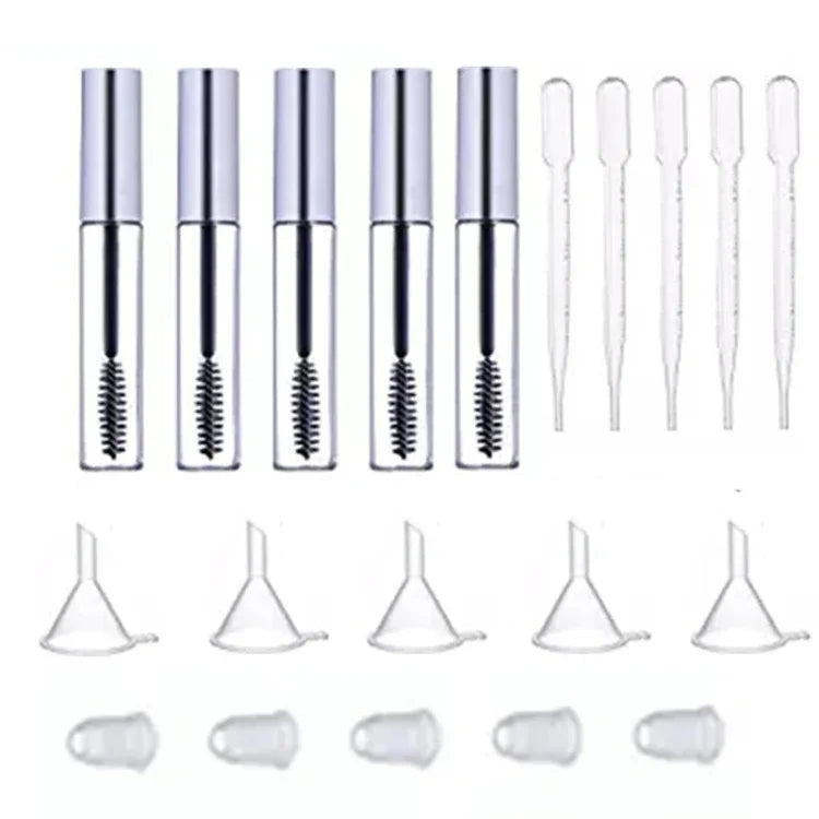 Conjunto de 5 Tubos de Máscara Vazios de 12ml com Pincel para Pestanas + 5 Funis e Pipetas de Transferência para Óleo de Rícino DIY