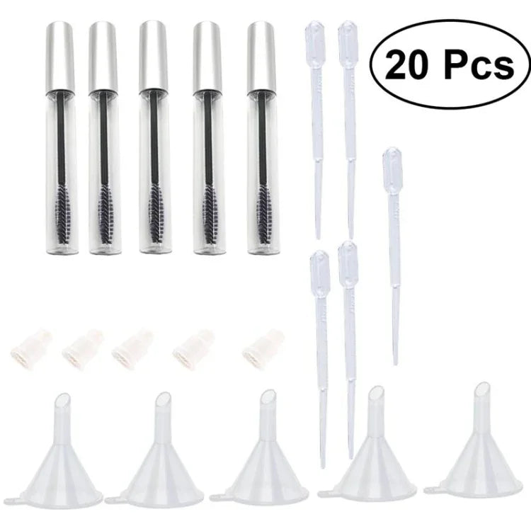 Conjunto de 5 Tubos de Máscara Vazios de 12ml com Pincel para Pestanas + 5 Funis e Pipetas de Transferência para Óleo de Rícino DIY