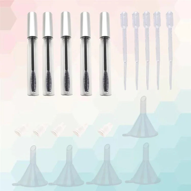 Conjunto de 5 Tubos de Máscara Vazios de 12ml com Pincel para Pestanas + 5 Funis e Pipetas de Transferência para Óleo de Rícino DIY