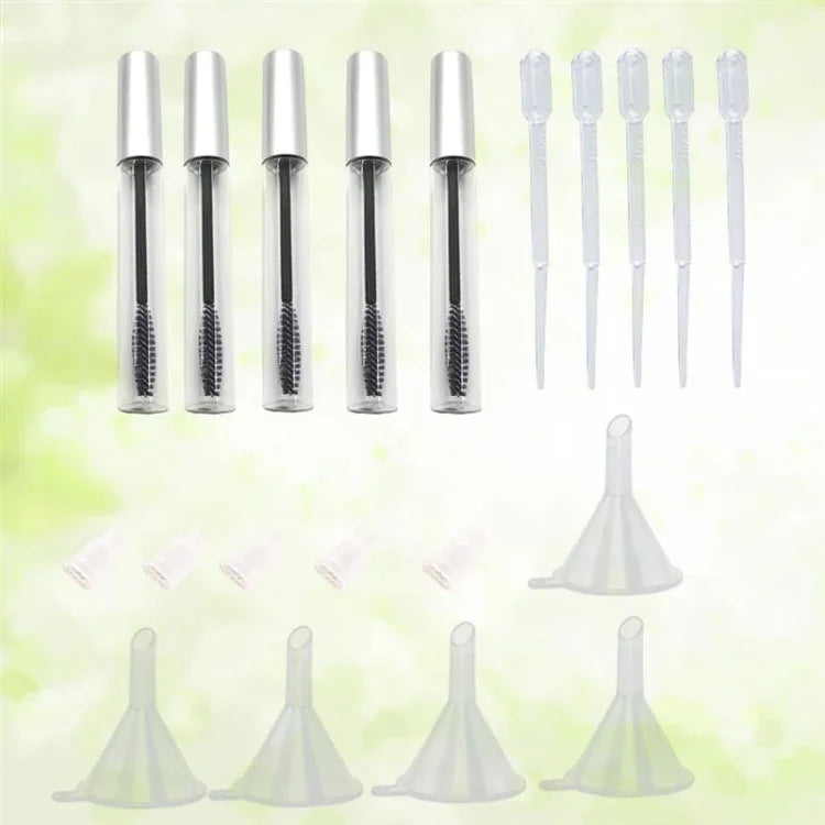 Conjunto de 5 Tubos de Máscara Vazios de 12ml com Pincel para Pestanas + 5 Funis e Pipetas de Transferência para Óleo de Rícino DIY