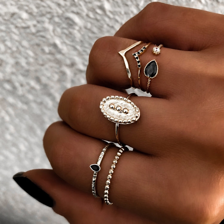 Conjunto de 6 Anéis Femininos Boémios Simples com Relevo em Forma de Gota de Água e Diamante, Dourado, Prateado