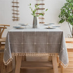 Toalha de Mesa Bordada com Padrão de Grade Quadrada, Cor Pura, Algodão e Linho com Franjas, Tapete Retangular para Mesa de Café, 60x60cm, 90x90cm, 90x140cm, 110x110cm, 100x160cm, 110x170cm, 140x140cm, 140x180cm, 140x200cm