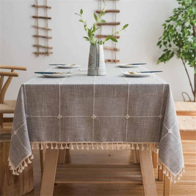Toalha de Mesa Bordada com Padrão de Grade Quadrada, Cor Pura, Algodão e Linho com Franjas, Tapete Retangular para Mesa de Café, 60x60cm, 90x90cm, 90x140cm, 110x110cm, 100x160cm, 110x170cm, 140x140cm, 140x180cm, 140x200cm