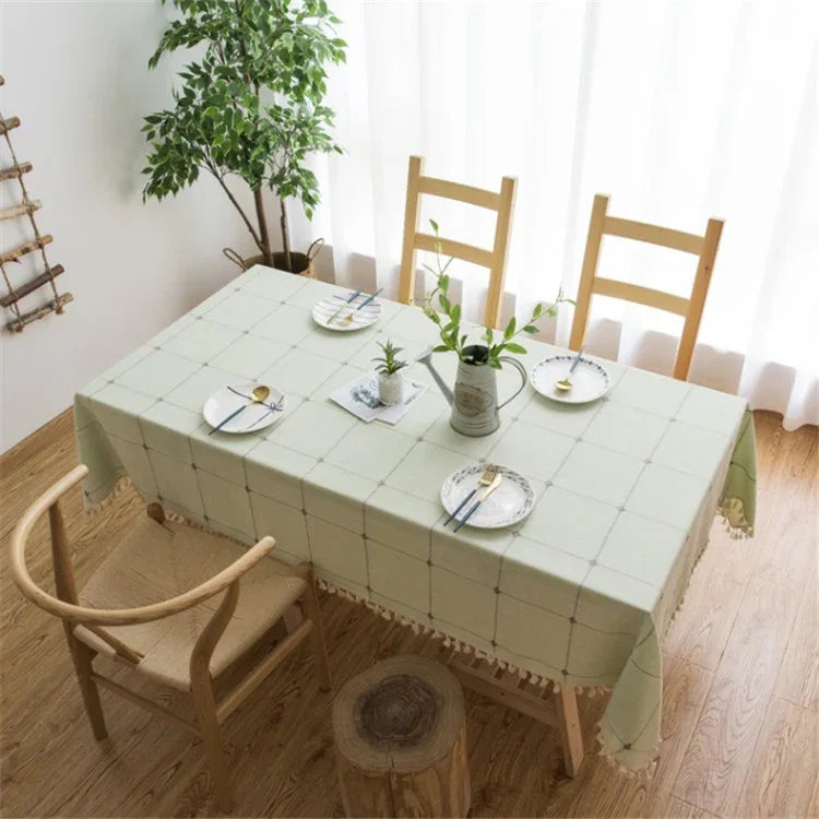 Toalha de Mesa Bordada com Padrão de Grade Quadrada, Cor Pura, Algodão e Linho com Franjas, Tapete Retangular para Mesa de Café, 60x60cm, 90x90cm, 90x140cm, 110x110cm, 100x160cm, 110x170cm, 140x140cm, 140x180cm, 140x200cm