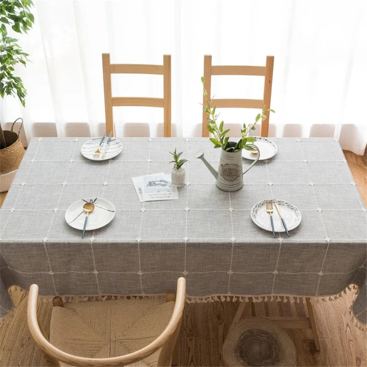 Toalha de Mesa Bordada com Padrão de Grade Quadrada, Cor Pura, Algodão e Linho com Franjas, Tapete Retangular para Mesa de Café, 140x220cm, 140x240cm, 140x260cm, 140x300cm