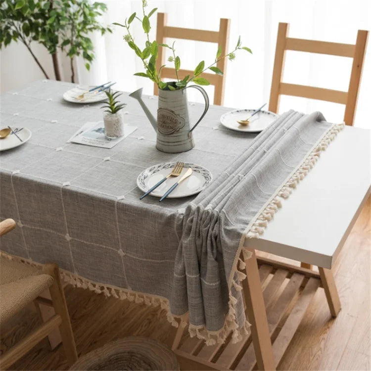 Toalha de Mesa Bordada com Padrão de Grade Quadrada, Cor Pura, Algodão e Linho com Franjas, Tapete Retangular para Mesa de Café, 140x220cm, 140x240cm, 140x260cm, 140x300cm