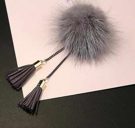 Broche com Bola de Pêlo e Tassel com Corrente para Mulher, Cinzento, Preto, Dourado, Vinho Vermelho