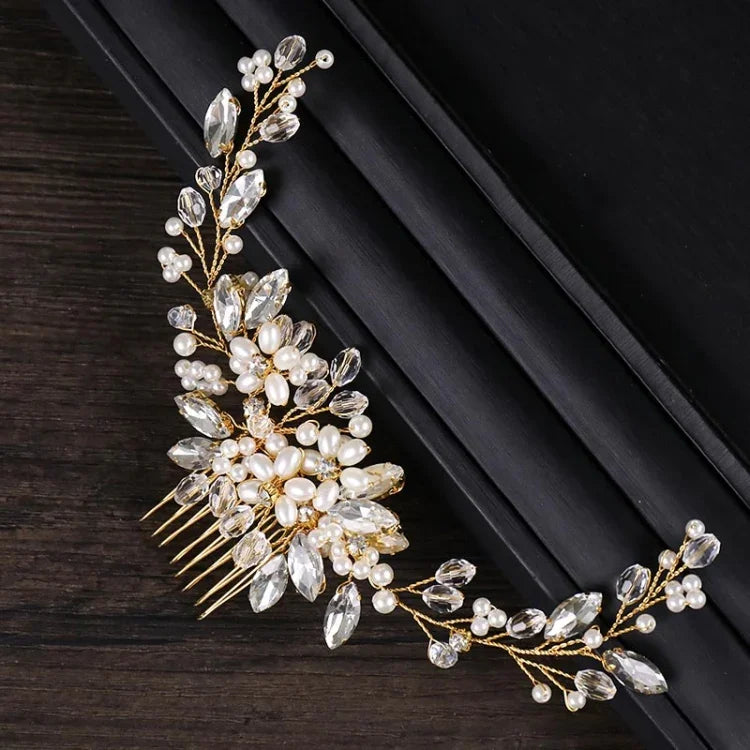 Bandolete Dourada com Pérolas Tiara Cristal Strass Pentes de Cabelo Nupciais Peça de Cabeça, Pérola Dourada