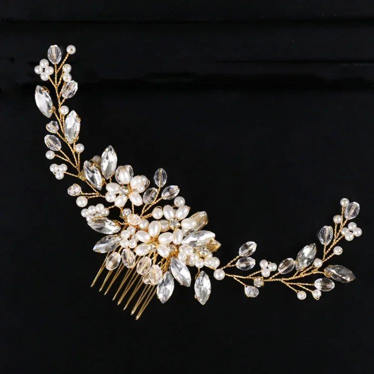 Bandolete Dourada com Pérolas Tiara Cristal Strass Pentes de Cabelo Nupciais Peça de Cabeça, Pérola Dourada