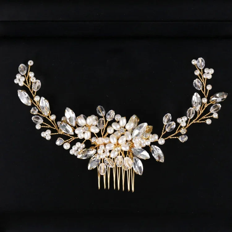 Bandolete Dourada com Pérolas Tiara Cristal Strass Pentes de Cabelo Nupciais Peça de Cabeça, Pérola Dourada