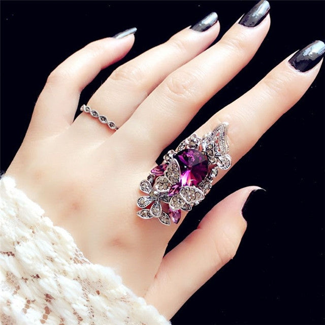 Conjunto de 2 Anéis de Borboleta com Pedras Preciosas Retro para Mulher, Roxo