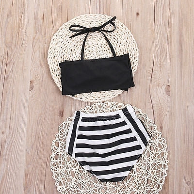 Biquíni de Menina Bonito com Estampa de Listras, Triângulo e Laço, Roupa de Banho Princesa Orgulhosa para Praia, 70, 80, 90, 100, 110